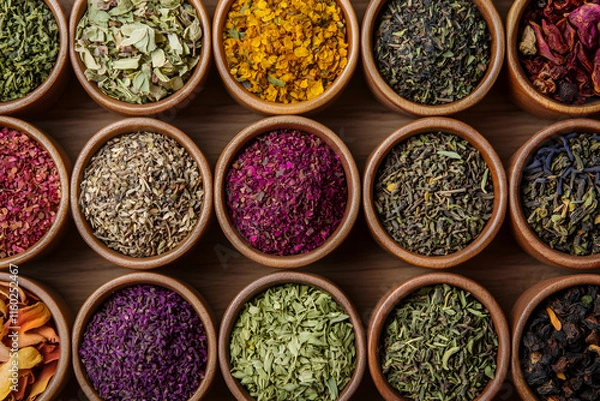 Obraz Variety of Dried Herbs in Wooden Bowls for Culinary and Medicinal Use : Generative AI