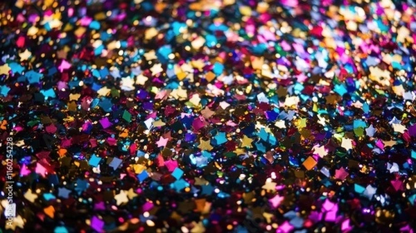 Fototapeta Colorful Confetti Party Background Flat Lay with a Mix of Star Shapes and Vibrant Colors on a Dark Surface Suitable for Celebrations