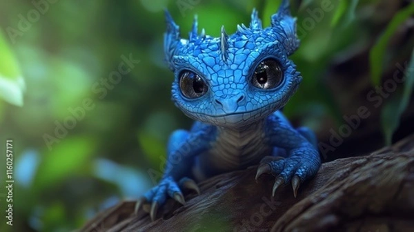 Obraz A Baby Blue Dragon Perched on a Branch