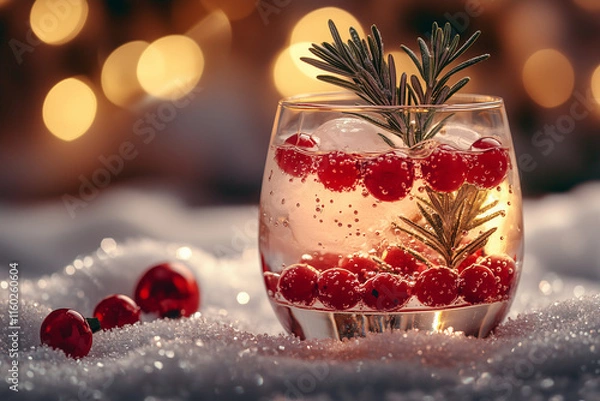 Obraz Snow Globe Cocktail with Rosemary Tree and Festive Details. holiday drink. copy space