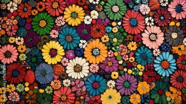 Obraz Colorful floral mosaic tile arrangement showcasing vibrant hues and intricate patterns for artistic and design inspiration.