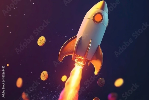Obraz Playful Rocket Carrying Coins into Space in Cartoon Style