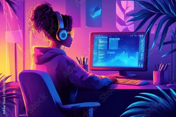 Obraz Vibrant Remote Worker at Quirky Desk in Cartoon Style