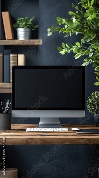 Obraz Modern Home Workspace with Green Accents Minimalist Green Workspace Decor Sleek Modern Home Office Design Plant-Inspired Work Desk Concepts