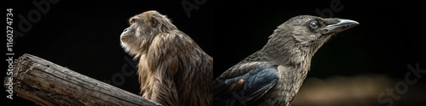 Fototapeta A contemplative monkey and a curious bird captured in detail, showcasing their unique features against a dark backdrop.