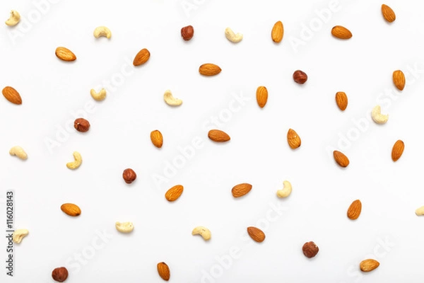 Obraz Composition of nuts pattern - mix hazelnuts, cashews, almonds.