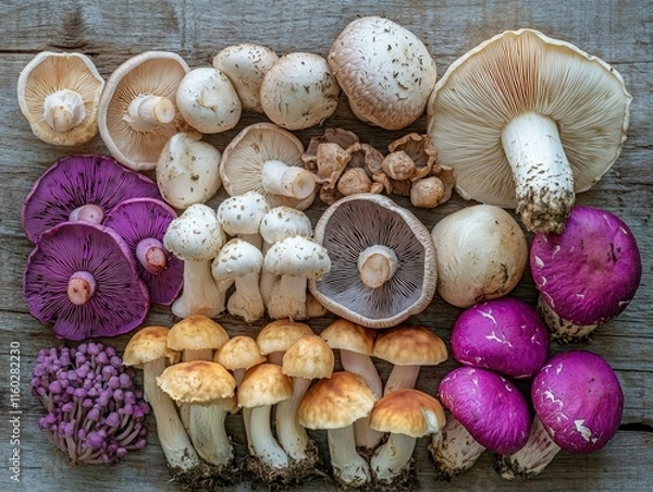 Fototapeta A variety of colorful mushrooms arranged on a wooden surface.