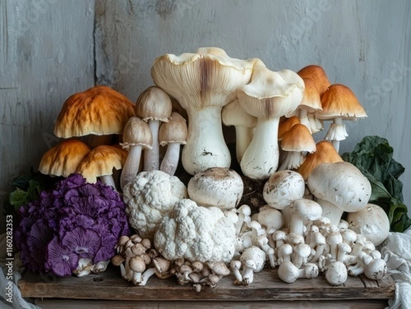 Fototapeta Variety of colorful mushrooms arranged on a wooden surface.