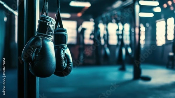 Fototapeta An invigorating boxing gym with gloves and punching bags, Boxing equipment arranged in a motivational setup, Athletic training style