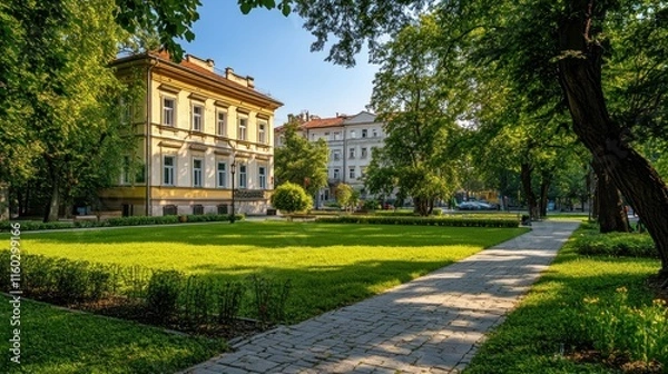 Obraz Sunny park with a grand yellow building and lush green lawns, tree-lined pathways.