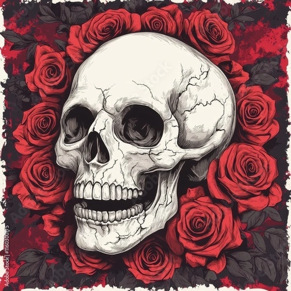 Obraz Human skull surrounded by red roses. (1)