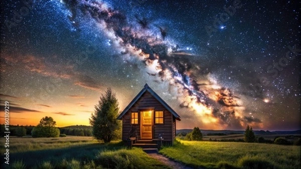 Fototapeta Astrophotography captures a tiny house bathed in the Milky Way's ethereal glow, a serene countryside scene.