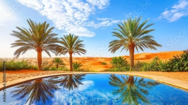 Fototapeta Oasis pool reflecting desert sky and palm trees.