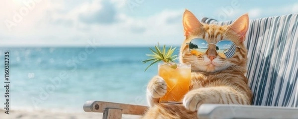 Obraz A relaxed cat wearing sunglasses enjoys a tropical drink while lounging on a beach chair by the ocean.