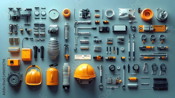 Fototapeta A collection of industrial tools and safety equipment organized for easy reference.