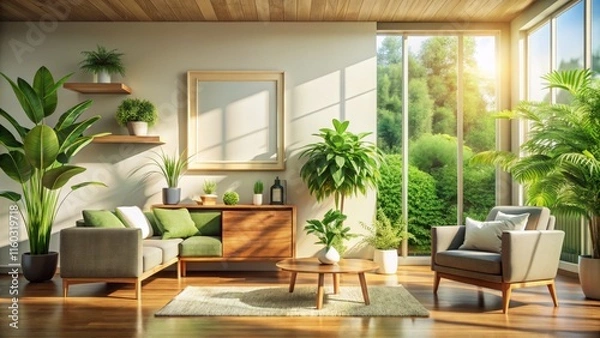 Obraz Modern Living Room Design: Wide-Angle Shot of Cozy Space with Plants, Wooden Furniture & Empty Frame