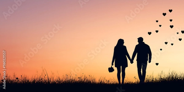Obraz silhouette couple holding hands walking at sunset heart shaped bubbles floating above
