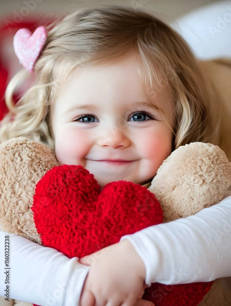 Fototapeta Adorable little girl cuddling soft heart pillow with bright smile expressing pure joy and innocence : Generative AI