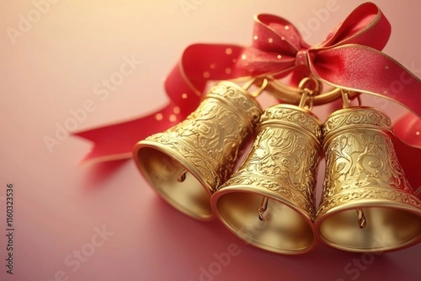 Fototapeta A festive render of vintage-style golden bells adorned with a decorative red ribbon, featuring intricate engravings, isolated on a clean background