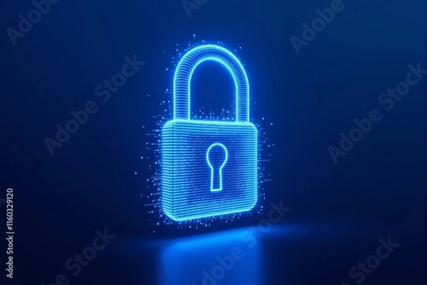 Fototapeta Digital padlock glowing with neon blue lights, composed of dots and lines on a blue background. Concept of cybersecurity, data safety, technology. Ai generative