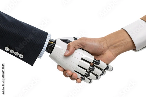 Fototapeta A human hand shakes a robotic hand wearing a business suit, emphasizing technological integration in professional environments, isolated on a transparent background