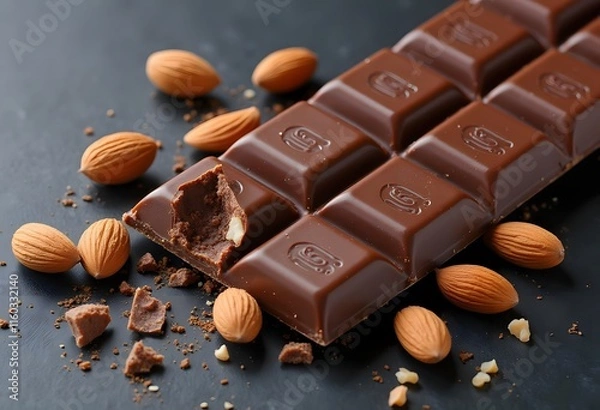 Fototapeta Chocolate bar with crunchy almonds on the table top view
