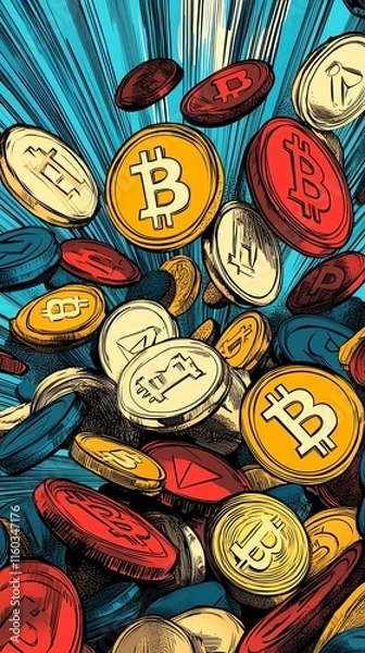 Fototapeta Dynamic illustration of Bitcoin and cryptocurrency coins exploding outwards, vibrant colors, comic book style. Perfect for finance, technology, and blockchain concepts.
