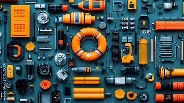 Obraz A vibrant arrangement of various tools and equipment, showcasing safety and utility items.