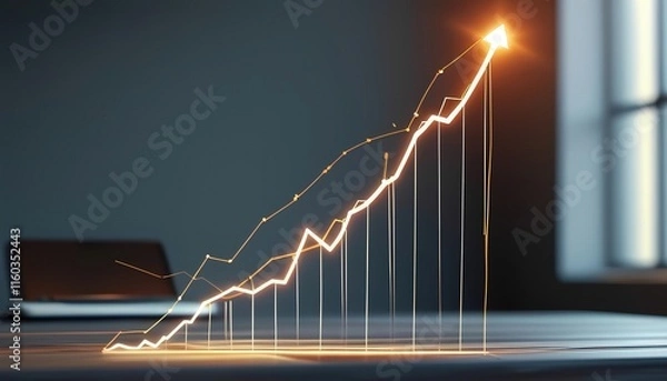 Fototapeta A glowing upward graph representing growth and success in a business or investment context, set against a dark background.
