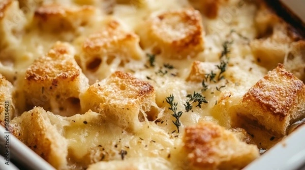 Obraz Close-up of a traditional French onion soup baked with cheese croutons and topped with fresh thyme.
