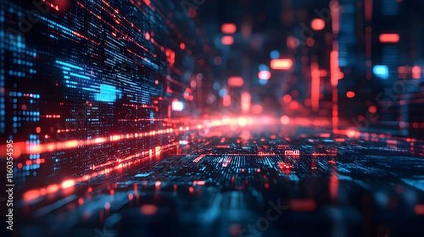 Fototapeta A digital landscape with glowing lines and nodes, representing data flow and technology.