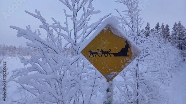 Obraz A yellow traffic sign warning of a sled with dogs or sled dogs in a winter landscape with snow. 150 km above the Arctic Circle at 67° North, Kangos, Swedish Lapland, Sweden