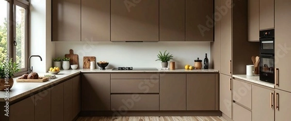 Fototapeta A kitchen with a white countertop and brown cabinets. The cabinets are made of wood and the countertop is made of granite. There are several potted plants in the kitchen