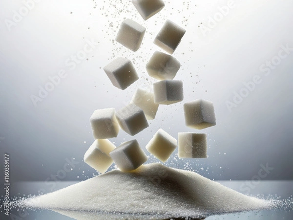 Fototapeta Sugar cubes cascading from above creating a spiral formation on a heap of granulated sugar