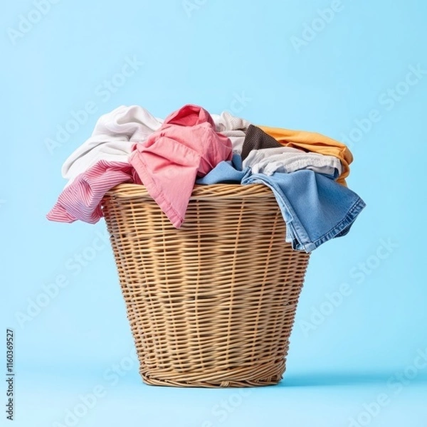 Fototapeta Overflowing wicker laundry basket with colorful clothes on a blue background.