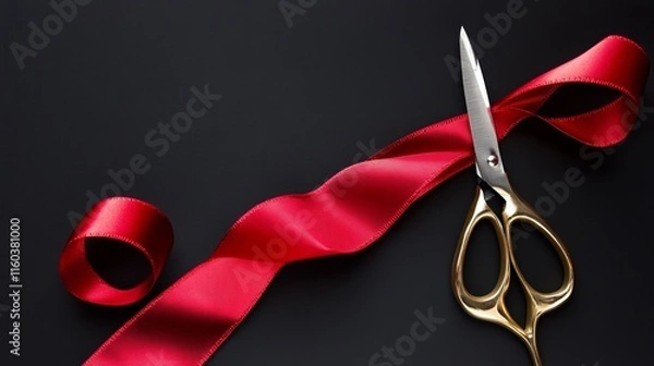 Obraz Scissors cutting red silk ribbon against black background