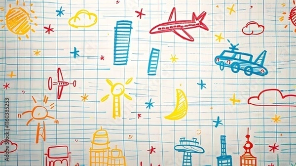 Obraz A charming collection of children's doodles featuring cars, airplanes, and buildings, with uneven and colorful lines drawn on a textured white sheet, 8k UHD, suitable for high-quality printing 