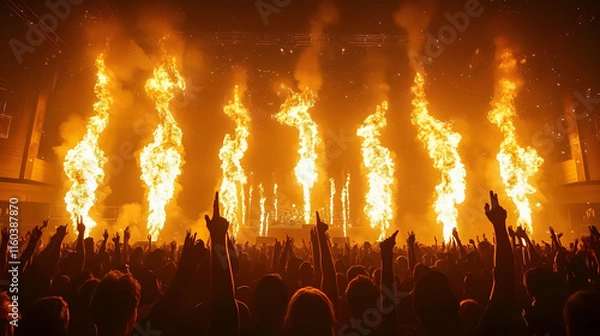 Obraz Crowd Enjoys Live Music Concert with Fire Effects and Stage Lighting