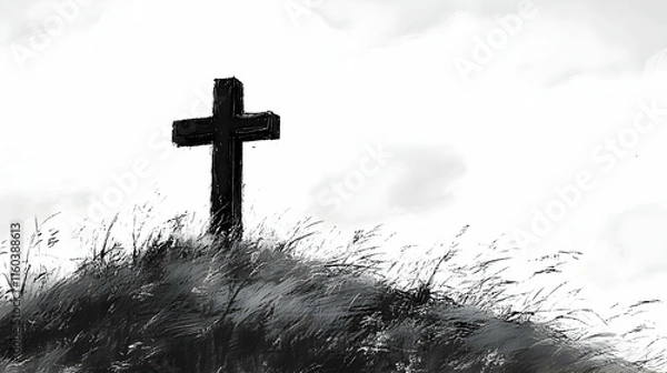 Fototapeta Cross Stands on Hill: Faith, Hope, Religion, Spirituality, Christianity, Symbol, Belief, Memorial, Cemetery, Grave
