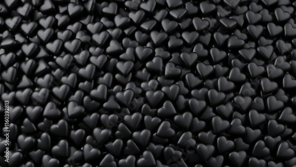 Obraz Valentine's Day, A heap of many small black hearts, creating a striking and modern Valentine's Day design concept. The hearts are glossy and textured