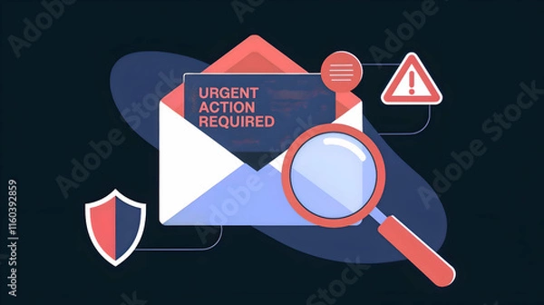 Obraz A conceptual illustration of an envelope marked with 'Urgent Action Required,' accompanied by a magnifying glass, shield icon, and alert symbol, emphasizing cybersecurity and risk management. 