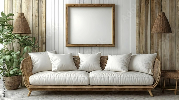 Obraz Coastal Living Room with Rattan Furniture Enhances the Rustic Charm Elegantly.