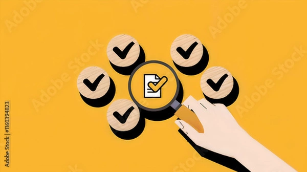 Obraz Abstract business-themed illustration of verification and approval processes, featuring checkmarks, a magnifying glass, and a yellow background. Suitable for quality assurance or compliance visuals.