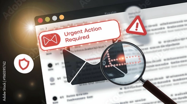 Obraz Email scam detection concept with urgent alert, security shield, and magnifying glass highlighting phishing and online cybersecurity threats.
