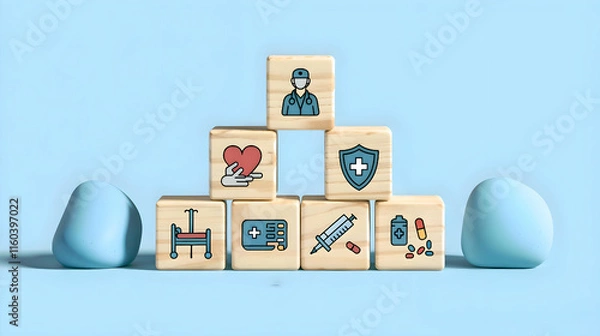 Obraz An artistic display of wooden blocks featuring medical icons such as a doctor, a shield, a syringe, and more. Perfect for visualizing healthcare services, patient care, and medical innovations