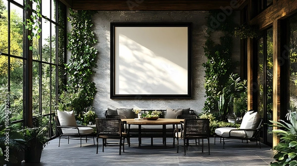 Fototapeta 3D Illustration Showcases a Cozy Patio with Blank Canvas Amidst Lush Greenery and Elegant Furniture