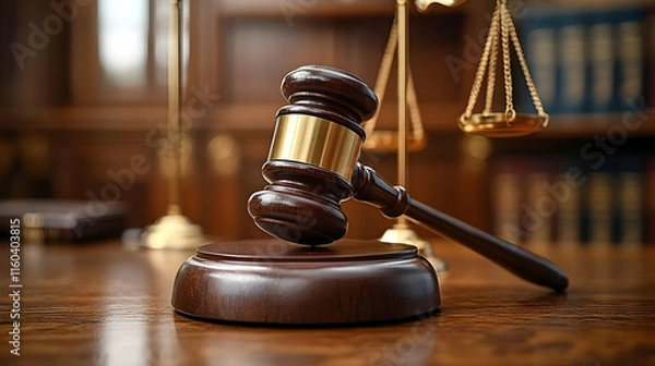 Fototapeta Wooden Gavel Rests on Sound Block in Courtroom Setting with Scales of Justice and Law Books