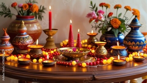 Fototapeta A warm and inviting wooden table adorned with vibrant home decorations for the Diwali holiday, featuring a dazzling array of diyas, candles, and fairy lights in shades of golden yellow, orange, and re