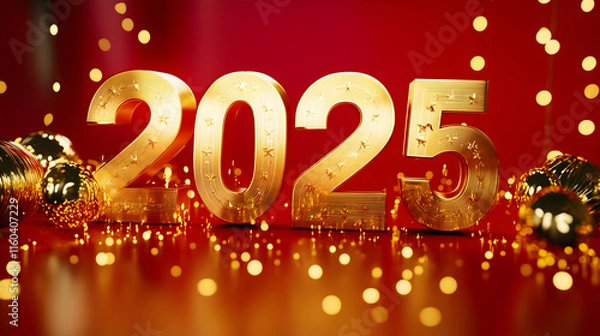 Fototapeta Golden 2025 New Year Celebration Decor - Luxurious Red and Gold Design with Glittering Ornaments for Festive Decorations