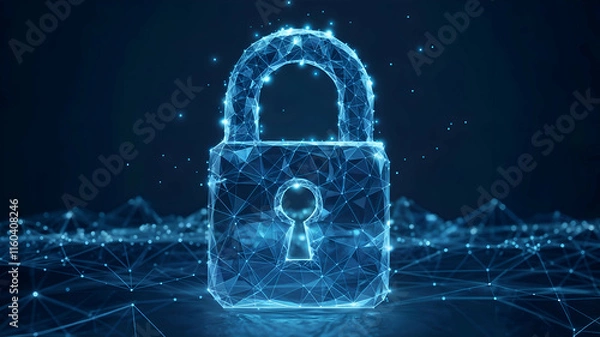 Obraz A glowing digital padlock symbolizing cybersecurity, data protection, and encryption in a networked digital landscape.